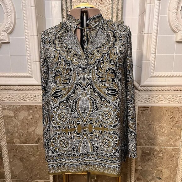 Fever. Sz Large. Border print tan black. Pleated Neck w Tie. Long Sleeve. B28 - Picture 2 of 8